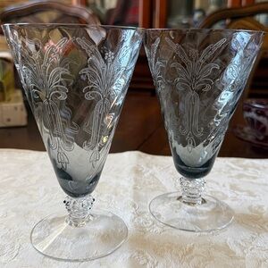 Fostoria Iris swirl optic smock gray crystal lot of 2 ice tea footed glasses VTG